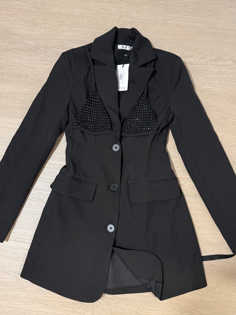 SLA the label LONDON DIMANTE Black Embellished Long Blazer Jacket